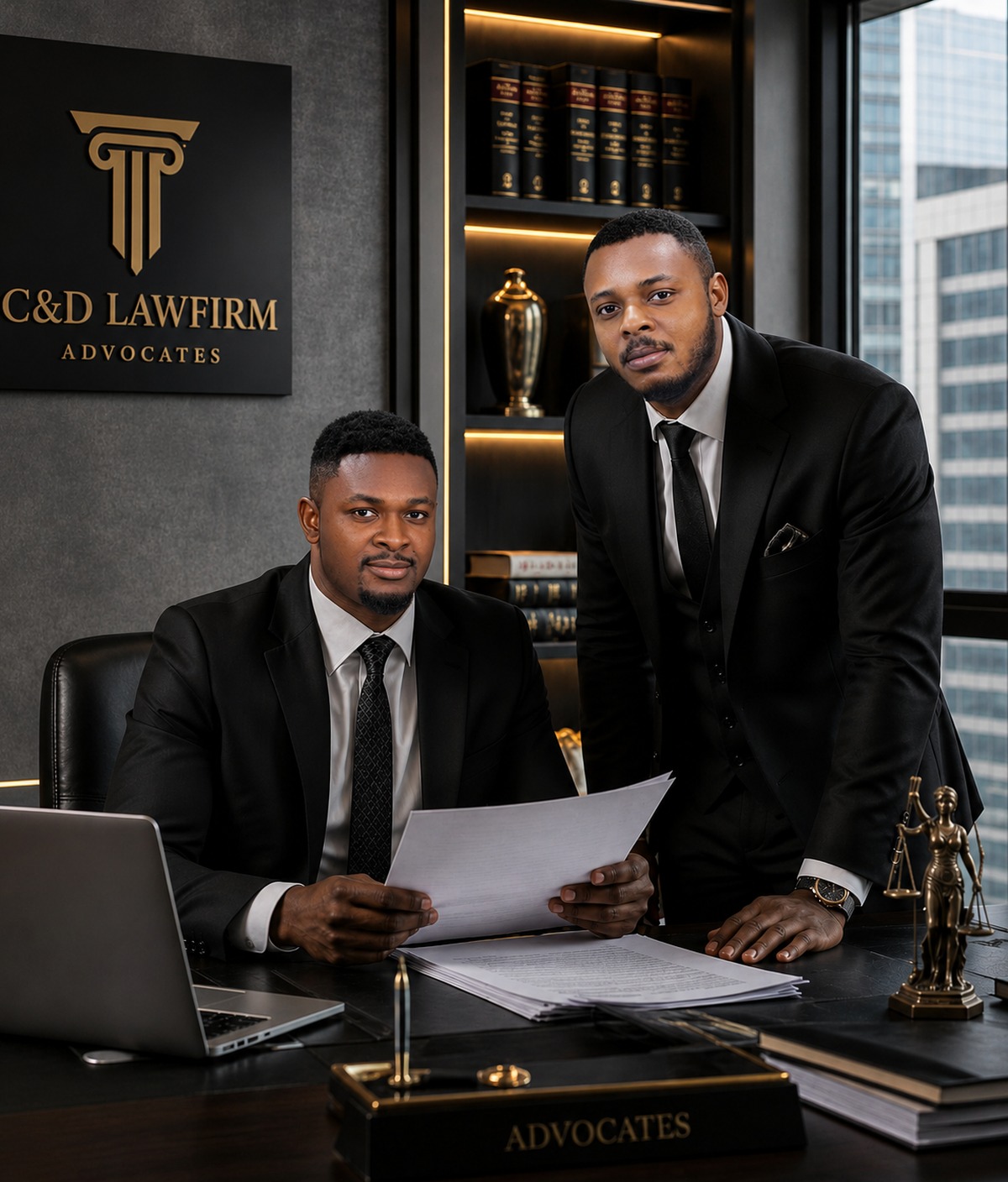 Two lawyers reviewing case documents at C and D Law Firm