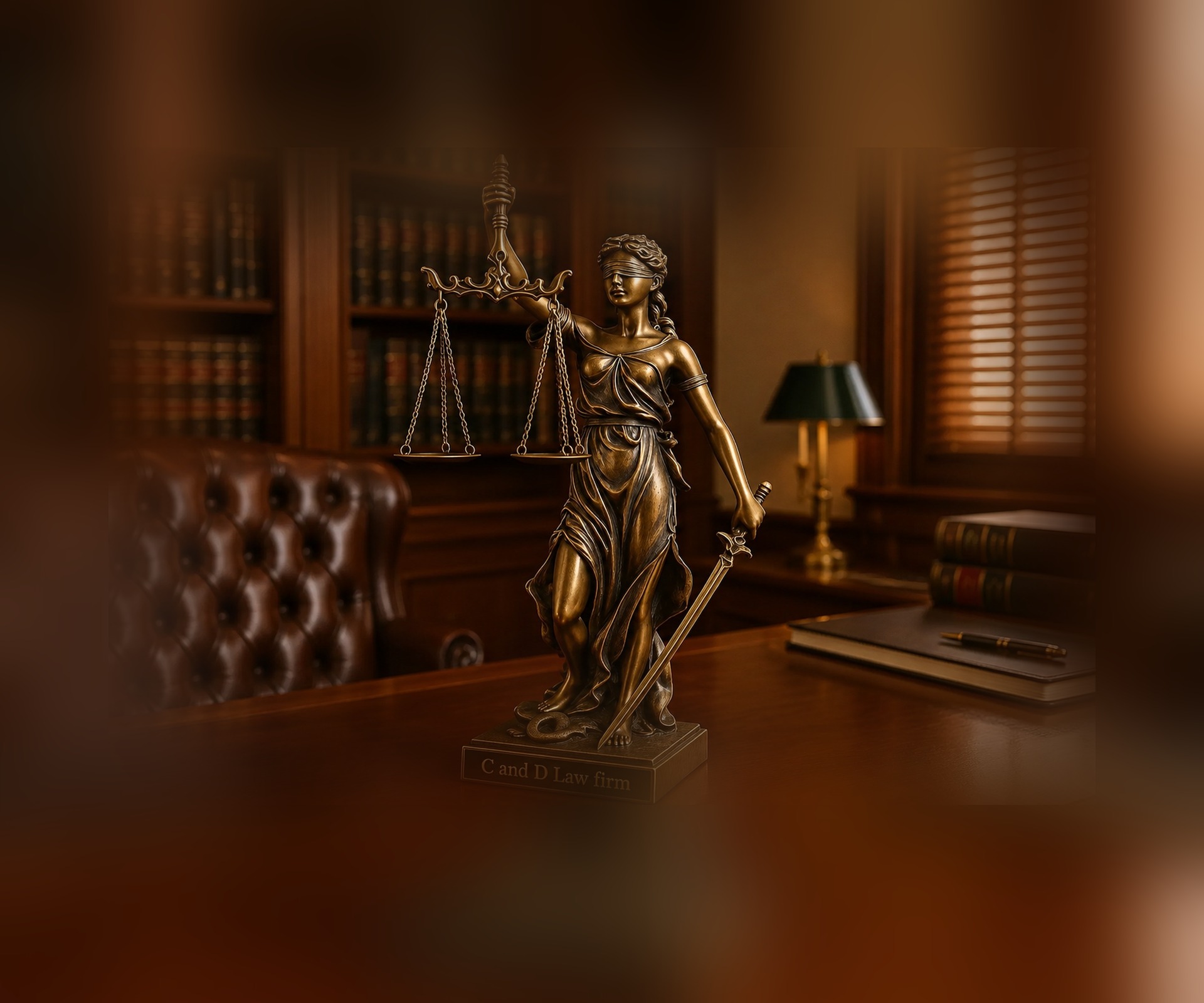 Reception of C and D Law Firm with a statue of Lady Justice