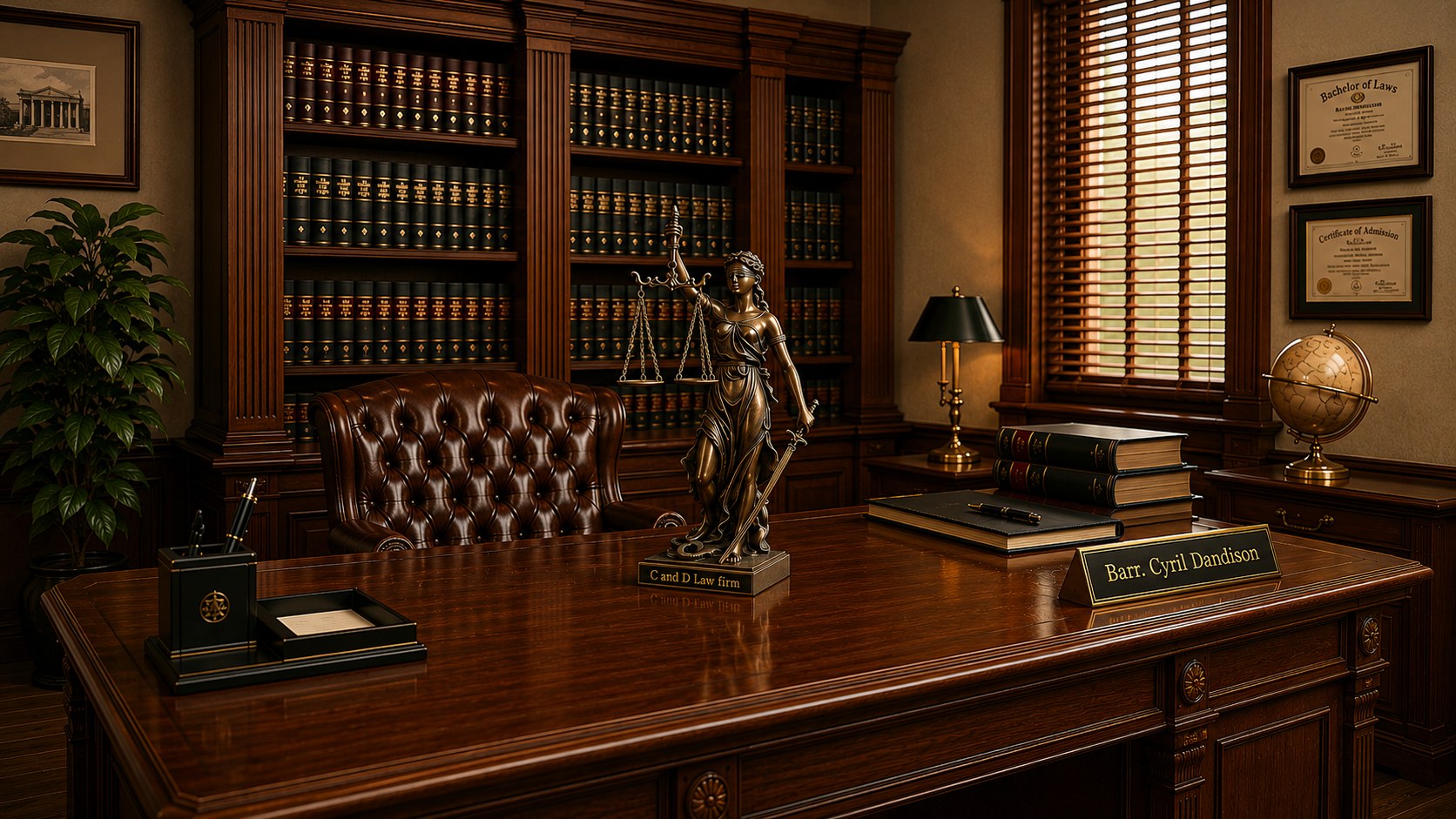 C and D Law Firm office desk with the Scales of Justice statuette engraved with the firm name, leather chair, bookshelves and Barr. Cyril Dandison nameplate