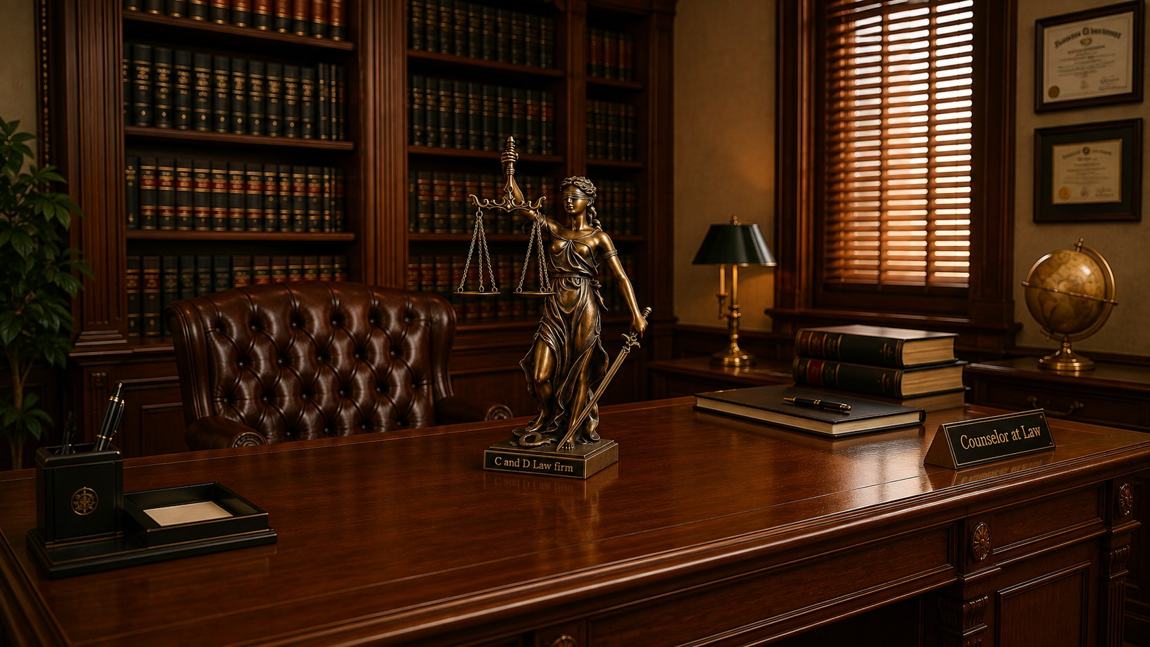 C and D Law Firm office desk with the Scales of Justice statuette, leather chair and bookshelves